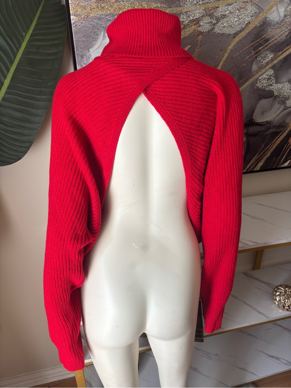 Red Open-Back Ribbed Turtleneck Sweater
